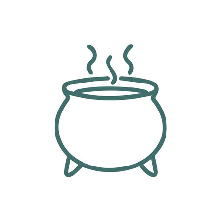 A minimalist line art icon depicting a steaming cauldron or pot in dark green. Ideal for magic, cooking, or fantasy themes.のイラスト素材