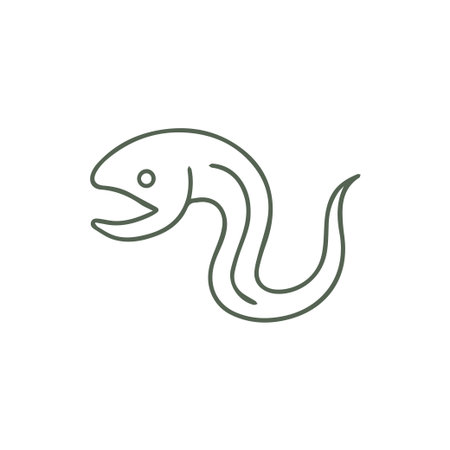 A simple and clean line art vector illustration of a dark green eel with an open mouth and eye perfect for marine life themes icons or aquatic designsのイラスト素材