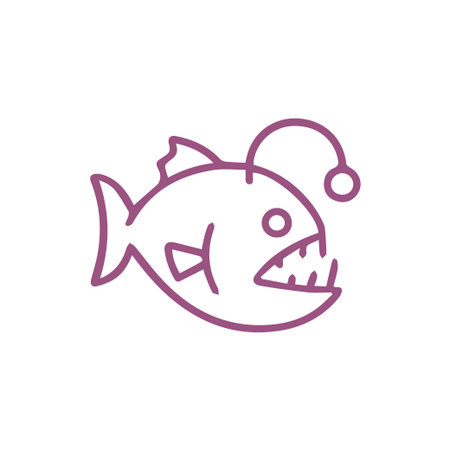 A captivating line art illustration of a deep sea anglerfish featuring its distinctive glowing lure and sharp teeth perfect for ocean themes.のイラスト素材
