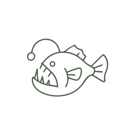 A minimalist line art icon of an anglerfish showcasing its unique bioluminescent lure and formidable sharp teeth a true deep sea predator representationのイラスト素材