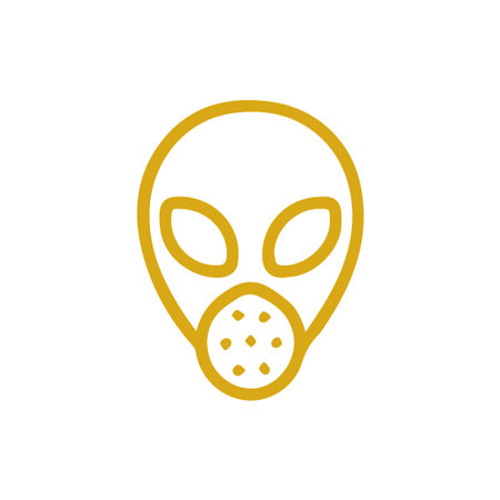 A minimalist gold outline icon of an alien head featuring large eyes and a dotted respirator-like mouth area on a white background.のイラスト素材