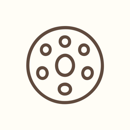 Simple brown outline icon of a disk with a central hole and five smaller holes around it resembling a film reel or sewing spool vector graphic.のイラスト素材