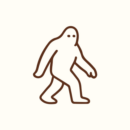 A minimalist brown outline illustration of Bigfoot or Sasquatch walking. This iconic cryptid design is perfect for themes of mystery wilderness and folklore.のイラスト素材