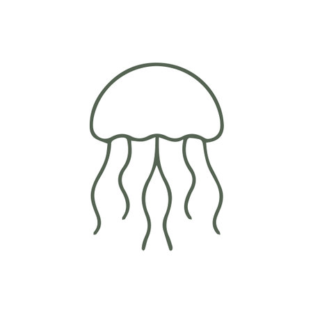 A minimalist dark green line art illustration of a jellyfish on a white background perfect for aquatic themes ocean designs and simple iconographyのイラスト素材