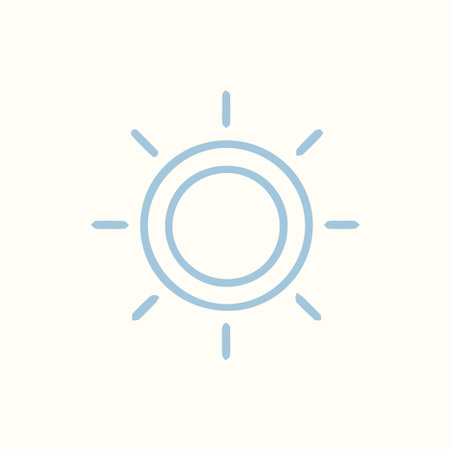 A clean light blue sun icon with radiating rays on an off-white background perfect for representing weather sunny days warmth or brightness in a minimalist design.のイラスト素材