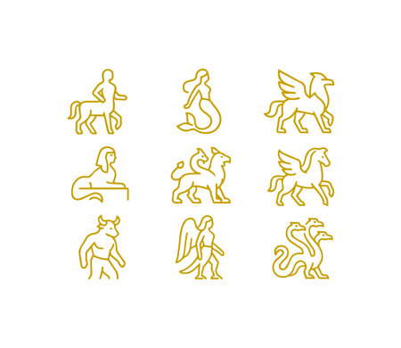 A collection of nine golden line art icons featuring various mythological creatures like centaurs mermaids griffins sphinxes and more on a white background.のイラスト素材