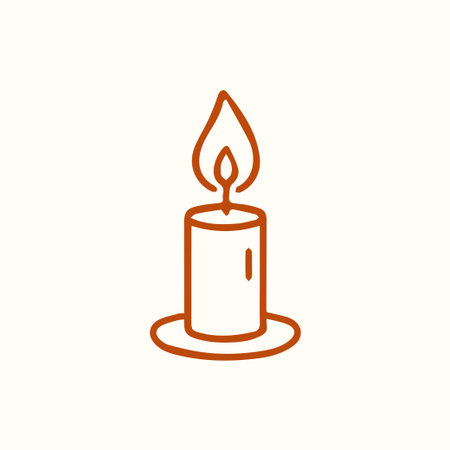 A simple brown line art icon depicting a burning candle on a round holder providing warmth and light perfect for various design projectsのイラスト素材