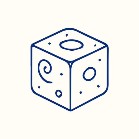 A simple blue line art illustration of a cube featuring unique doodle patterns like spirals ovals and dots on a clean white background. Perfect for icons or design elements.のイラスト素材