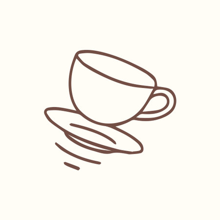 A charming minimalist hand-drawn illustration of a coffee cup and saucer with dynamic wavy lines, rendered in warm brown on a cream background, perfect for beverage themes.のイラスト素材