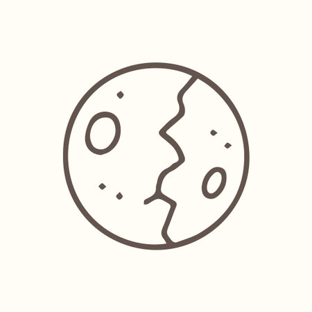 A minimalist hand-drawn icon of a planet or moon featuring a prominent crack or fault line across its surface and several small craters.のイラスト素材
