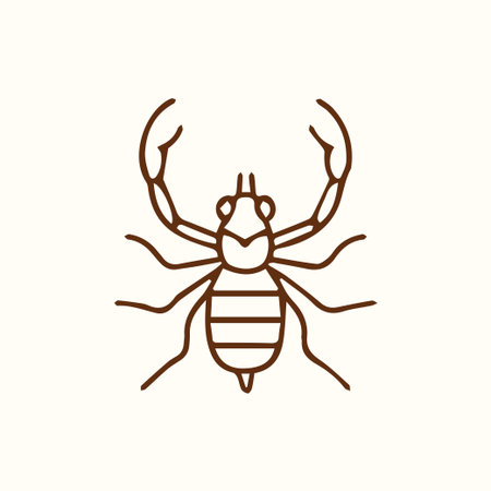 A minimalist brown line art icon of a pseudoscorpion a small arachnid with large claw-like pedipalps against a simple off-white backgroundのイラスト素材
