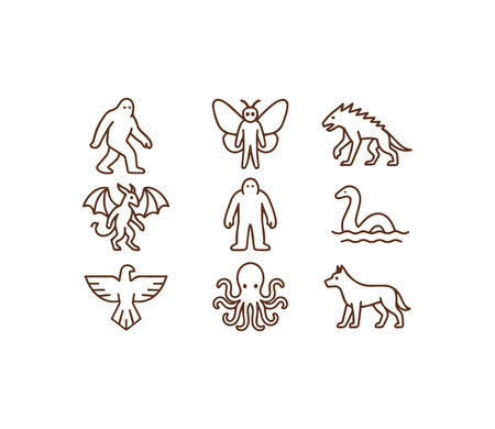 A captivating set of line art icons featuring legendary cryptids and mythical creatures like Bigfoot Mothman Nessie and dragons perfect for mysterious themes.のイラスト素材