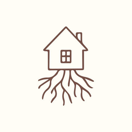 Minimalist outline icon depicting a house with deep roots symbolizing stability permanence and a strong connection to its foundation.のイラスト素材