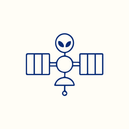 A whimsical line art illustration of a satellite featuring an alien head, symbolizing extraterrestrial communication, advanced technology, and space exploration.のイラスト素材