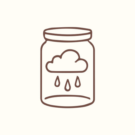 Minimalist brown line art of a cloud raining inside a clear glass jar on a light beige background perfect for weather or environmental concepts.のイラスト素材