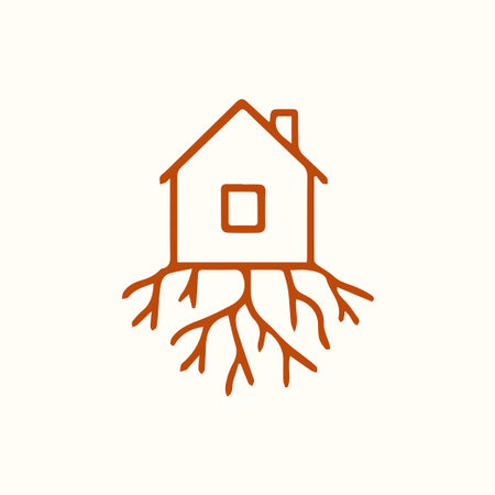 A simple yet powerful line art illustration of a house with roots symbolizing stability security growth and a deep connection to family and community.のイラスト素材