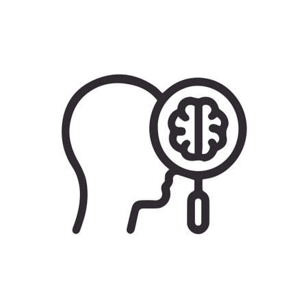 Line art icon depicting a human head with a magnifying glass examining a brain, symbolizing mental health, cognitive analysis, intelligence, and psychological insights.のイラスト素材
