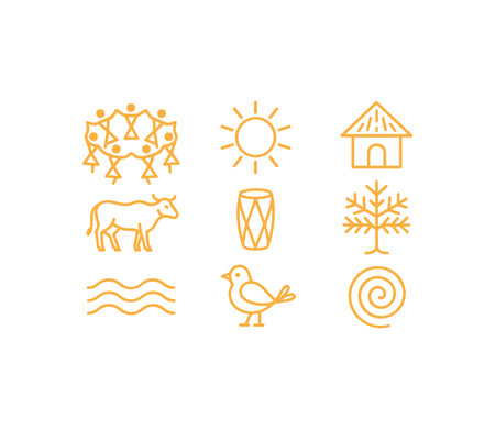 A grid of nine golden line icons symbolizing various aspects of life culture and nature including community sun house cow drum tree water bird and a spiralのイラスト素材