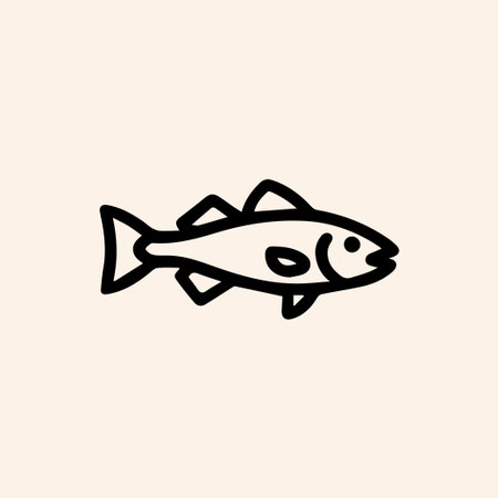 A minimalist black line art icon of a fish. This simple hand-drawn illustration is isolated on a...