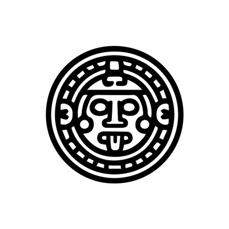 A bold black and white line art icon of a pre-Columbian deity mask. This circular emblem features a...