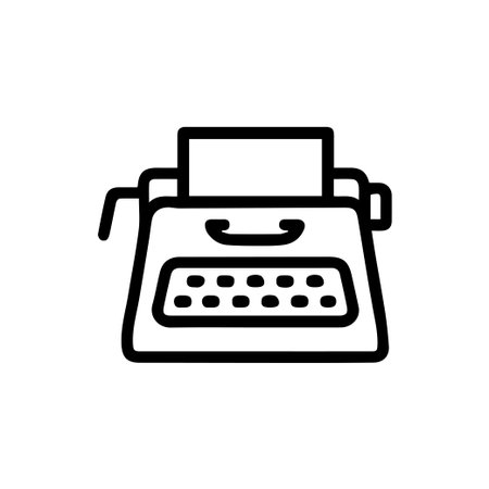 A minimalist black line icon of a classic typewriter on a white background. Perfect for themes of writing, journalism, literature, and vintage technology.のイラスト素材