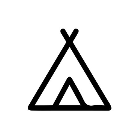 A simple, bold black line art icon of a camping tent. This minimalist graphic symbol represents outdoor adventure, hiking, and wilderness on a white background.のイラスト素材