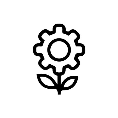 A simple black line icon combining a gear and a flower symbolizing green technology sustainable development and industrial ecology on a white background.のイラスト素材