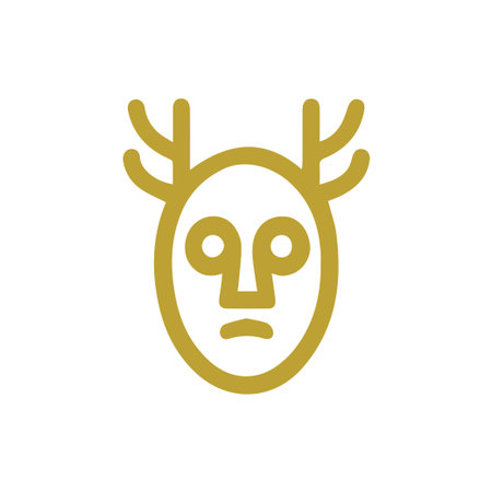 A simple gold line art icon of a tribal mask with deer antlers. This minimalist design is perfect for logos and branding with a mystical or natural theme.のイラスト素材