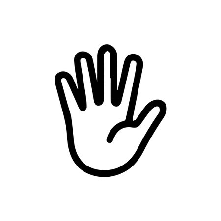 A simple black outline icon of an open hand with five fingers spread. This versatile vector graphic can symbolize greetings stop or a high five.のイラスト素材
