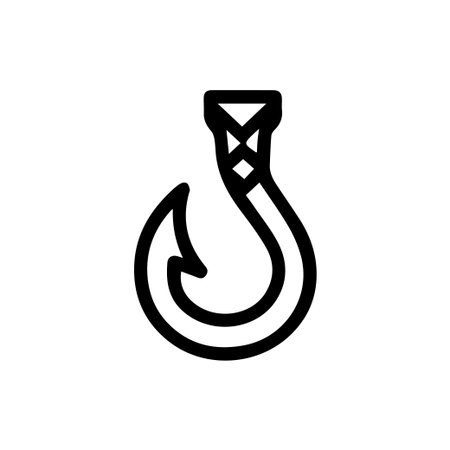 A clean black and white line icon of a traditional Polynesian fish hook (Hei Matau). This minimalist graphic is isolated on a white background.のイラスト素材