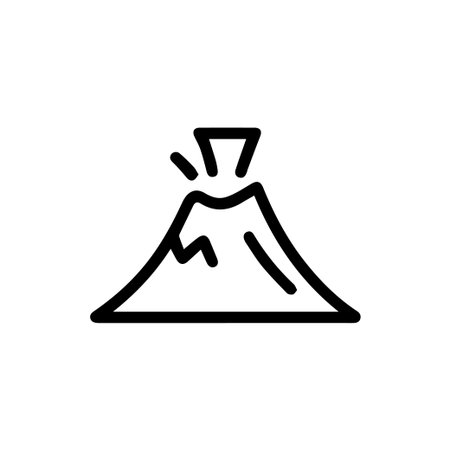 A simple black and white line icon of a volcano erupting. This vector graphic is perfect for geology, disaster, or nature-themed designs.のイラスト素材