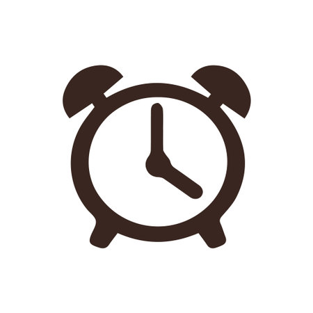 A simple, dark brown vector icon of a traditional twin-bell alarm clock on a white background. Ideal...