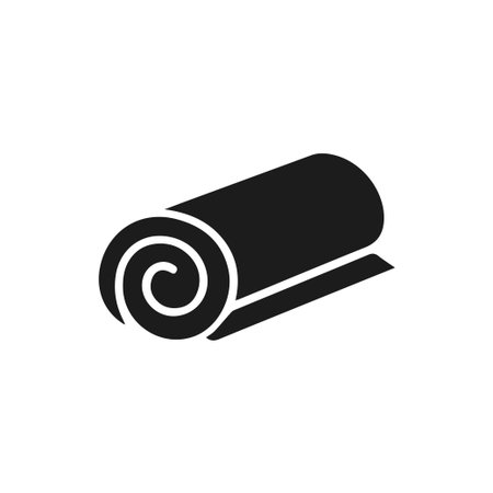 A simple, solid black icon of a rolled-up item like a yoga mat, towel, or carpet. Clean vector graphic isolated on a white background.のイラスト素材