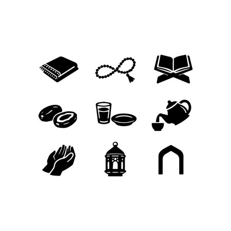 A set of nine black silhouette icons representing Islamic and Ramadan traditions like prayer, iftar, Quran, and decoration. Perfect for religious designs.のイラスト素材