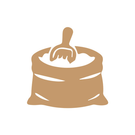 A minimalist brown icon of an open sack filled with a white powder like flour or sugar, with a scoop inside. Perfect for baking or agriculture themes.のイラスト素材