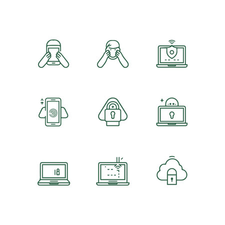 A set of nine green thin line icons on a white background representing cybersecurity, data privacy,...