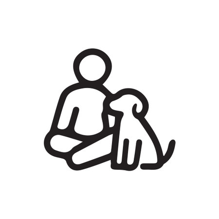 A simple black line art icon of a person sitting with their arm around a dog. Symbolizes the bond between humans and pets, companionship, and love.のイラスト素材