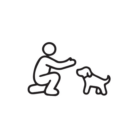 A simple black outline icon of a person kneeling to interact with a small puppy. Symbolizes pet ownership, training, and companionship.のイラスト素材