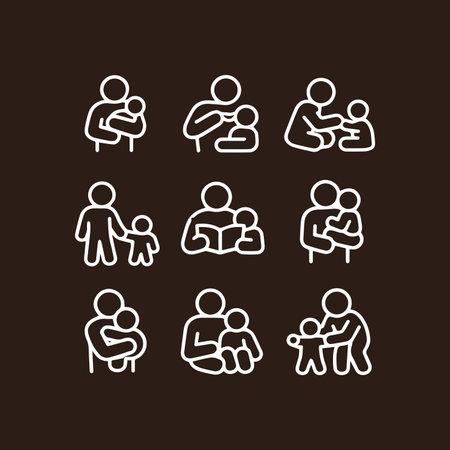 Minimalist pictogram collection illustrating the bond between a parent and child through various caring interactions. For family and childcare themes.のイラスト素材