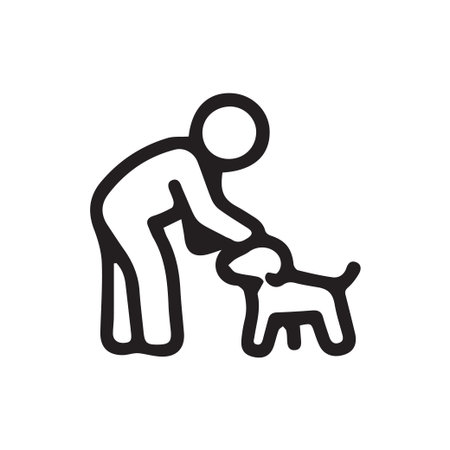 A simple black and white vector icon showing a human figure bending over to gently pet a small dog. Symbolizes care, companionship, and animal friendship.のイラスト素材