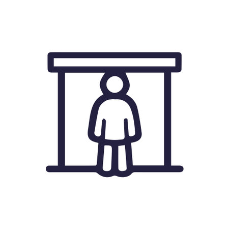 A simple, dark blue outline icon showing a person standing inside a security scanner or body scanner. Ideal for airport security and checkpoint concepts.のイラスト素材