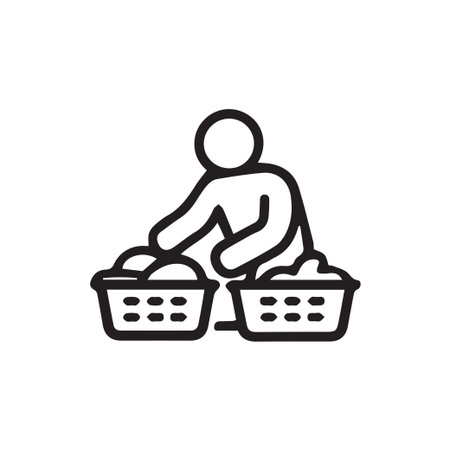 A simple black outline icon depicting a person sorting laundry into two baskets. Symbolizes household chores, organization, and cleaning routines.のイラスト素材