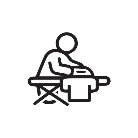 A minimalist black and white line icon showing a person ironing a t-shirt on an ironing board. Ideal for laundry services, household chore apps, or UI design.のイラスト素材