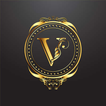 Initial V letter luxury beauty flourishes ornament golden monogram logoのイラスト素材