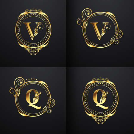 Gold Elegant letter V and Q. Graceful style. Vintage drawn emblem for book design, brand name, business card, Restaurant, Boutique, Hotel. Vector illustrationのイラスト素材