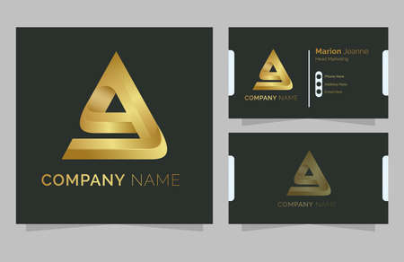 3d triangle shape abstract gold logo. letter A gold logo, with business card templateのイラスト素材