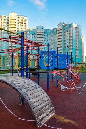 Children's playground is closed. Prevention of coronavirus COVID-19. Ban tape. The fight against the...