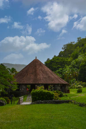 Trois Ilets, Martinique - Sept 20, 2018: Ruins of sugar mill and rum factory. La Pagerie museum. Empress Josephine's Birthplace. Copy space. Verticalのeditorial素材