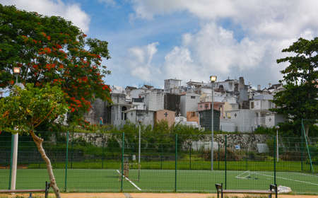 Point-a-Pitre, Guadeloupe - Sept 17, 2018: Sports ground with a green surface in the background of the cemetery. Blue sky and white clouds. Copy spaceのeditorial素材