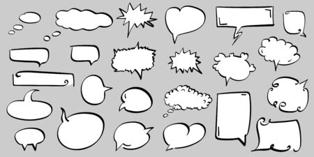 Set of speech bubbles. Hand-drawn elements. Social symbols. Collection of text boxes of different...